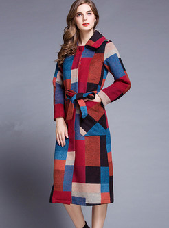 Color-blocked Geometric Print Tie-waist Overcoat