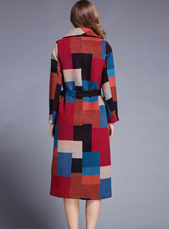 Color-blocked Geometric Print Tie-waist Overcoat
