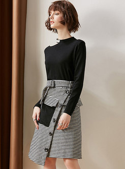 Chic Hollow Out Slim Sweater & Grid Belted Asymmetric Skirt