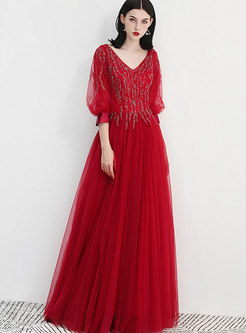 Red V-neck Long Sleeve Slim Autumn Wedding Dress