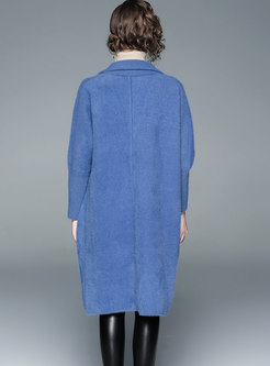 Blue Turn-down Collar Plaid Straight Wool Coat