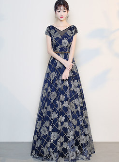 Elegant V-neck Print Belted Banquet Dress