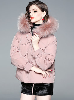 Trendy Pink Hooded Stitching Short Down Coat