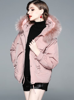 Trendy Pink Hooded Stitching Short Down Coat