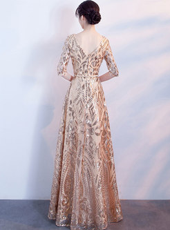 Elegant Gold V-neck Half Sleeve Hem Evening Dress