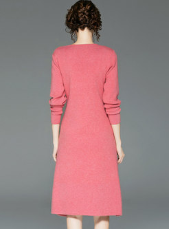 Fashion O-neck Long Sleeve Drawstring Slim Knitting Dress
