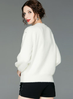 White O-neck Long Sleeve Beaded Knitted Sweater
