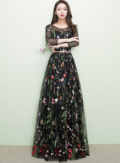 Chic Flower Embroidered Belted Gauze Evening Dress