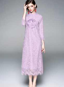 Purple Lace Stitching Mandarin Collar Long Sleeve Dress