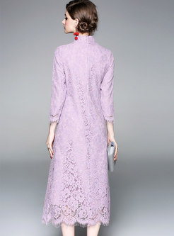 Purple Lace Stitching Mandarin Collar Long Sleeve Dress
