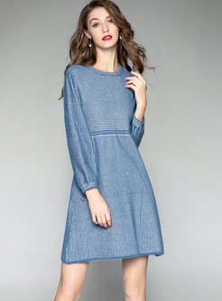O-neck Long Sleeve Drawstring Striped Knitted Dress