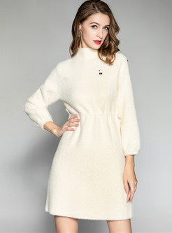 High Neck Waist Knitted Dress With Decoration