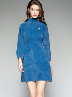 Solid Color Long Sleeve Waist Knitted Mini Dress