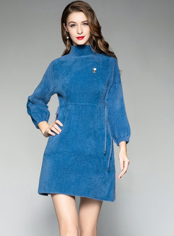 Solid Color Long Sleeve Waist Knitted Mini Dress