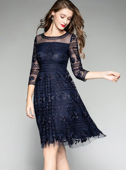 Trendy Lace Hollow Out Perspective Skater Dress