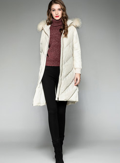 Hooded Fur Collar Zippered Pure Color Coat