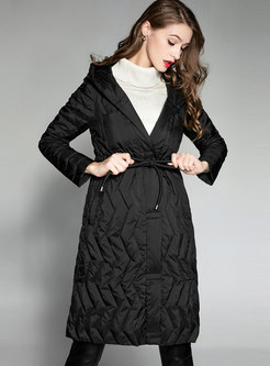 Black Hooded Drawstring Waist Slim Thermal Coat