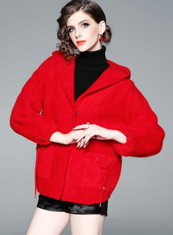 Elegant Red Hooded Button Front Slim Short Coat