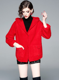Elegant Red Hooded Button Front Slim Short Coat