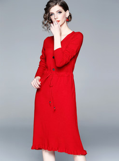 Trendy Red V-neck Long Sleeve Slim Knitted Dress