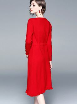 Trendy Red V-neck Long Sleeve Slim Knitted Dress