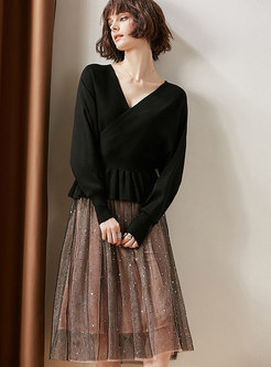 Black V-neck Knitted Sweater & High Waist Gauze Skirt
