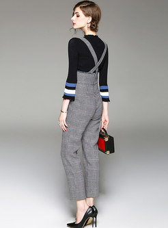 Casual Ruffled Collar Slim Sweater & Grid High Waist Overalls