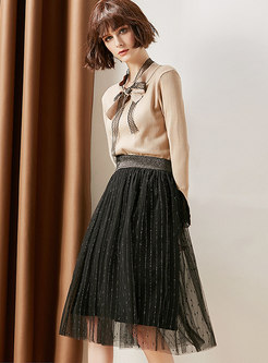 Elegant Lace Splicing Bowknot Sweater & Elastic Waist Gauze Skirt