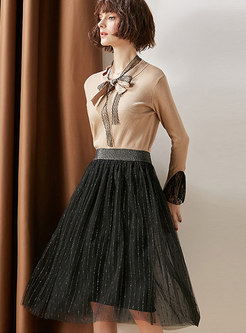 Elegant Lace Splicing Bowknot Sweater & Elastic Waist Gauze Skirt