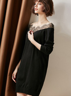 Chic Mesh Splicing O-neck Knitted Dress