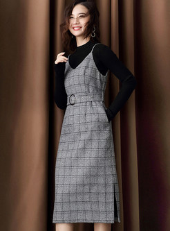 Black Long Sleeve Slim Sweater & Strap Plaid Sling Dress