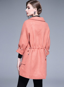 Solid Color Tied-waist Lantern Sleeve Woolen Coat