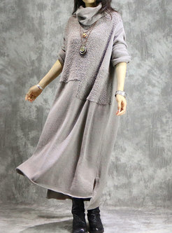 Autumn Turtle Neck Long Self-tie Plus Size Knitted Dress