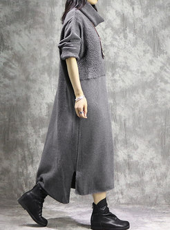 Grey Turtle Neck Long Self-tie Plus Size Knitted Dress