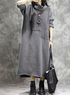 Grey Turtle Neck Long Self-tie Plus Size Knitted Dress