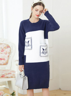 Casual Color-blocked Cartoon Pattern Side-slit Knitted Dress