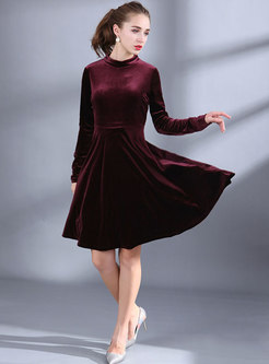 Elegant Pure Color Velvet Slim Skater Dress