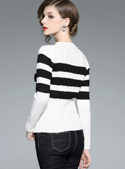 O-neck Color-blocked Striped Pullover Slim Sweater