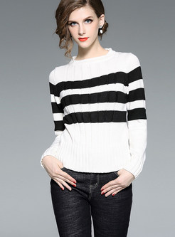O-neck Color-blocked Striped Pullover Slim Sweater