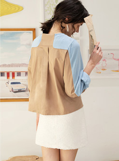 Color-blocked O-neck Casual Short Blouse