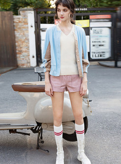Color-blocked O-neck Casual Short Blouse