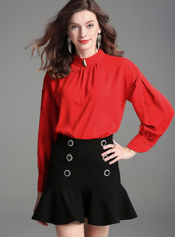 Pure Color Standing Collar Lantern Sleeve Blouse