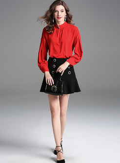 Pure Color Standing Collar Lantern Sleeve Blouse