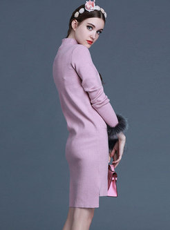 Chic Fur Splicing High Neck Asymmetric Knitted Dress