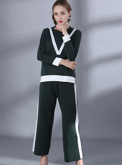 Stylish Color-blocked O-neck Sweater & Straight Knitted Pants 