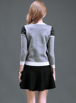 Lace Splicing O-neck Single-breasted Cardigan & Black A Line Mini Skirt