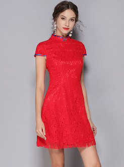 Stylish Red Mandarin Collar Short Sleeve Lace Dress