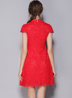 Stylish Red Mandarin Collar Short Sleeve Lace Dress