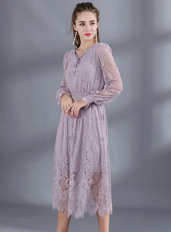 Elegant Lantern Sleeve Gathered Waist Asymmetric Lace Dress