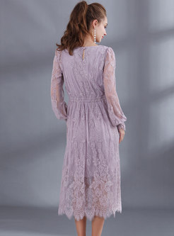 Elegant Lantern Sleeve Gathered Waist Asymmetric Lace Dress
